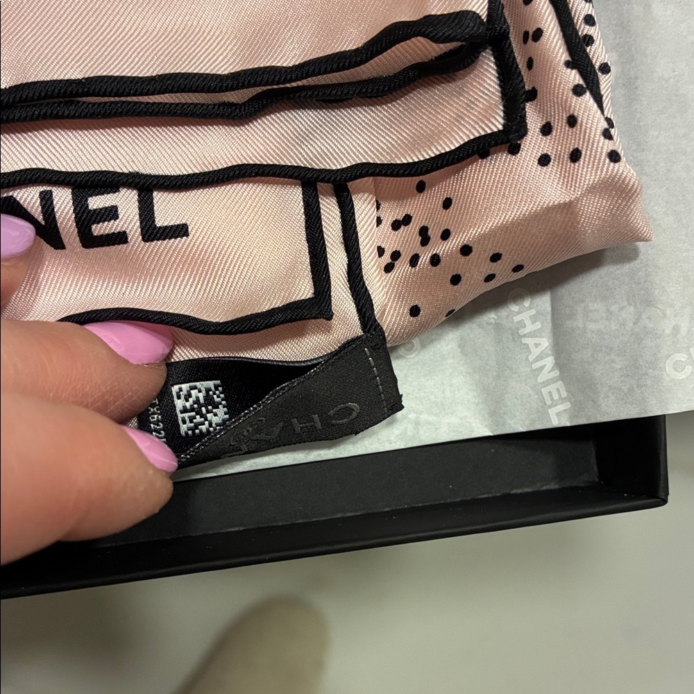 CHANEL Pink and Black Dot Floral Silk Scarf - Picture 4 of 10